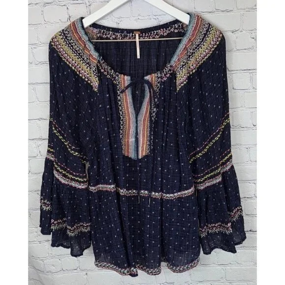 FREE PEOPLE Talia Embroidered Blouse Colorful Boho Oversized Size Medium Women’s - Picture 2 of 9